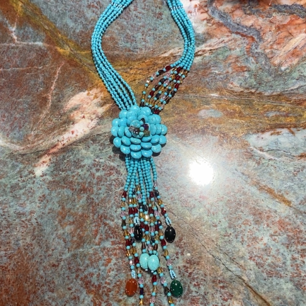 Turquoise Beaded Necklace with Floral Design